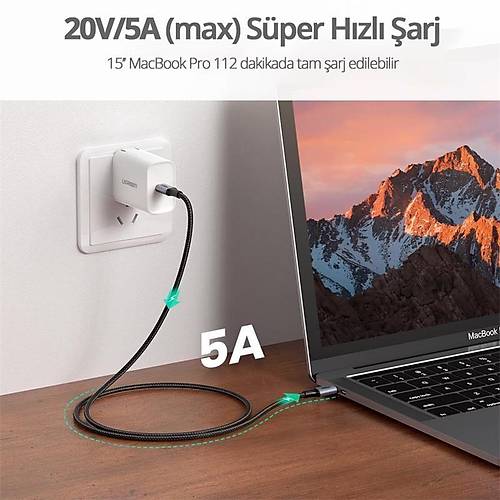 UGREEN TYPE-C 100W 5A QC PD �RG�L� HIZLI �ARJ KABLOSU 2 MT S�YAH 90440