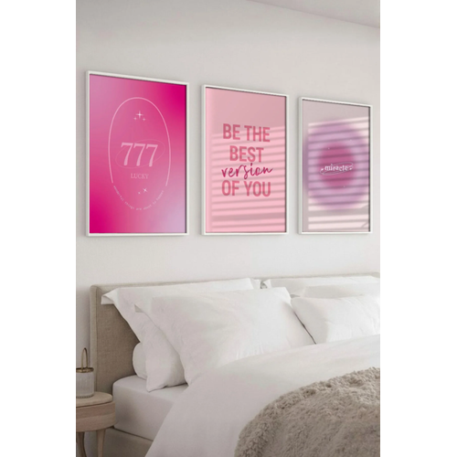 Beyaz Ah�ap �er�eveli Manifest 3�l� Tablo Seti Pembe Motivasyon Duvar Dekoru
