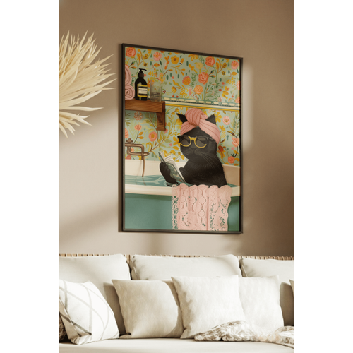Siyah Do�al Ah�ap �er�eveli Tablo, K�vette Gazete Okuyan Kedi, E�lenceli Modern Banyo, Oda, Ofis Duvar Tablosu