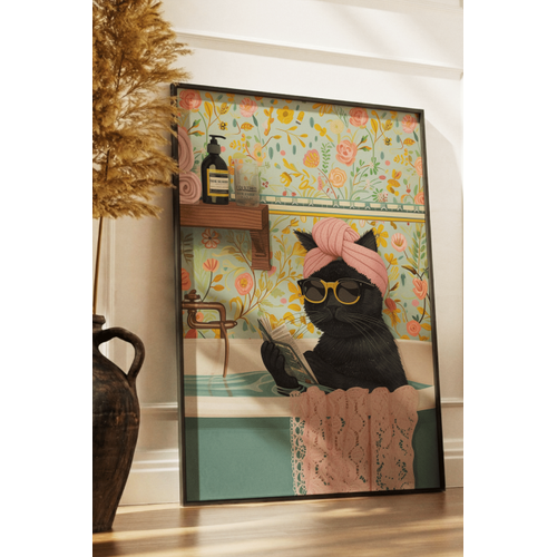 Siyah Do�al Ah�ap �er�eveli Tablo, K�vette Gazete Okuyan Kedi, E�lenceli Modern Banyo, Oda, Ofis Duvar Tablosu