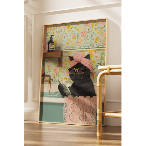Ham Do�al Ah�ap �er�eveli Tablo, K�vette Gazete Okuyan Kedi, E�lenceli Modern Banyo, Oda, Ofis Duvar Tablosu