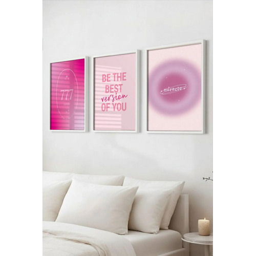 Beyaz Ah�ap �er�eveli Manifest 3�l� Tablo Seti Pembe Motivasyon Duvar Dekoru