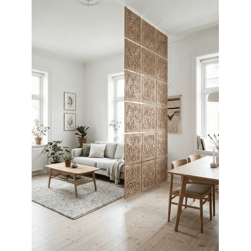 Lazer Kesim Ah�ap Seperat�r, Ev ve Ofis ��in 40x40 cm Mod�ler Dekoratif Oda Ay�r�c� Paravan (4 Adet)