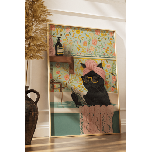 Ham Do�al Ah�ap �er�eveli Tablo, K�vette Gazete Okuyan Kedi, E�lenceli Modern Banyo, Oda, Ofis Duvar Tablosu