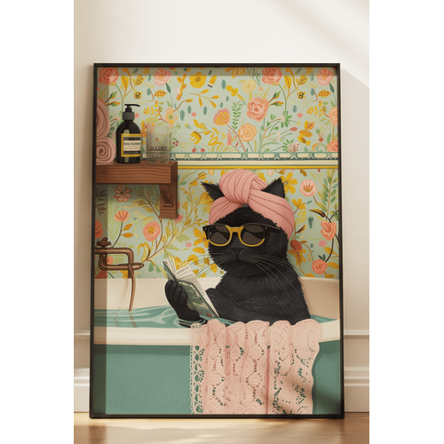 Siyah Do�al Ah�ap �er�eveli Tablo, K�vette Gazete Okuyan Kedi, E�lenceli Modern Banyo, Oda, Ofis Duvar Tablosu