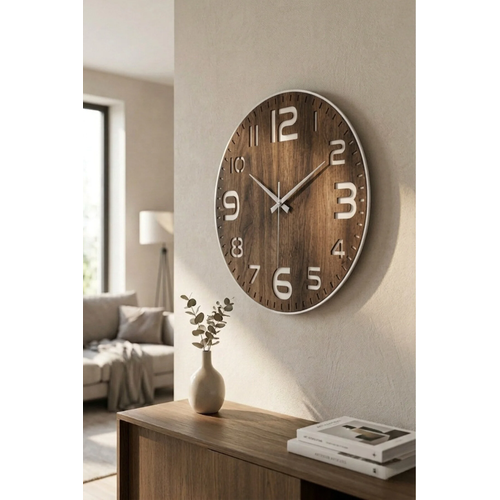 B�y�k Rakaml� Modern Dekoratif Ah�ap Duvar Saati - Sessiz Mekanizma - (40 CM)