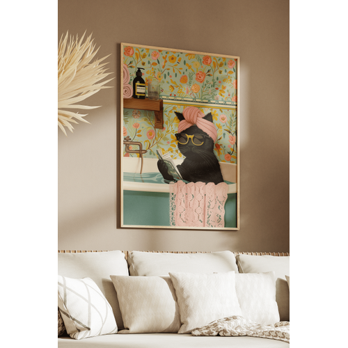 Ham Do�al Ah�ap �er�eveli Tablo, K�vette Gazete Okuyan Kedi, E�lenceli Modern Banyo, Oda, Ofis Duvar Tablosu