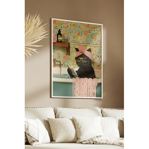 Beyaz Do�al Ah�ap �er�eveli Tablo, K�vette Gazete Okuyan Kedi, E�lenceli Modern Banyo, Oda, Ofis Duvar Tablosu