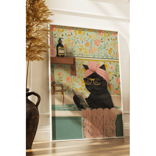 Beyaz Do�al Ah�ap �er�eveli Tablo, K�vette Gazete Okuyan Kedi, E�lenceli Modern Banyo, Oda, Ofis Duvar Tablosu