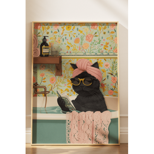 Ham Do�al Ah�ap �er�eveli Tablo, K�vette Gazete Okuyan Kedi, E�lenceli Modern Banyo, Oda, Ofis Duvar Tablosu