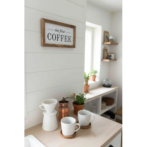 Kahve K��esi But First Coffee Ceviz Ah�ap �er�eveli Tablo