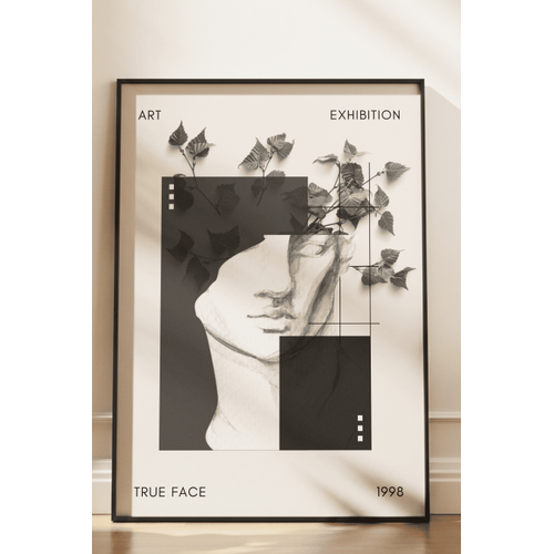 Siyah Do�al Ah�ap �er�eveli Tablo, True Face Soyut Banyo, Oda, Ofis Duvar Tablosu