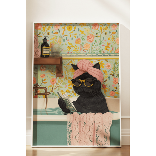 Beyaz Do�al Ah�ap �er�eveli Tablo, K�vette Gazete Okuyan Kedi, E�lenceli Modern Banyo, Oda, Ofis Duvar Tablosu