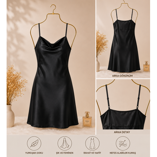 Siyah Saten Mini Gecelik