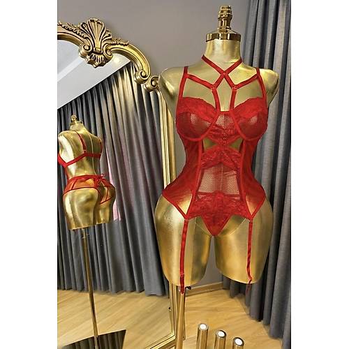 K�rm�z� File Ve Dantel Detayl� Jartiyer Set