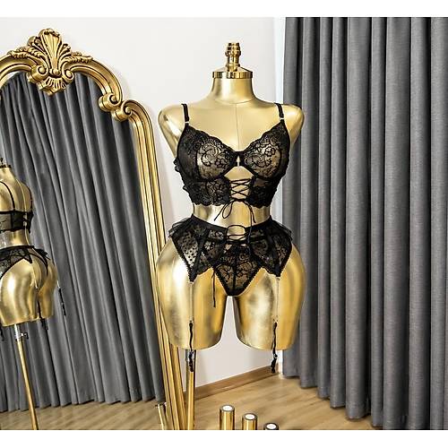 Siyah B�stiyerli Dantel Detayl� Jartiyer Set