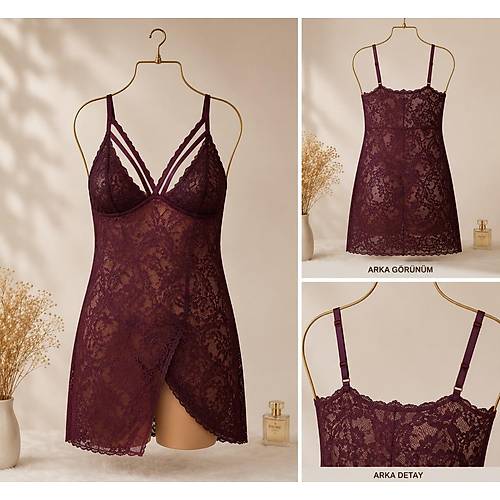 Bordo T�l Detayl� B�y�k Beden Gecelik Seti