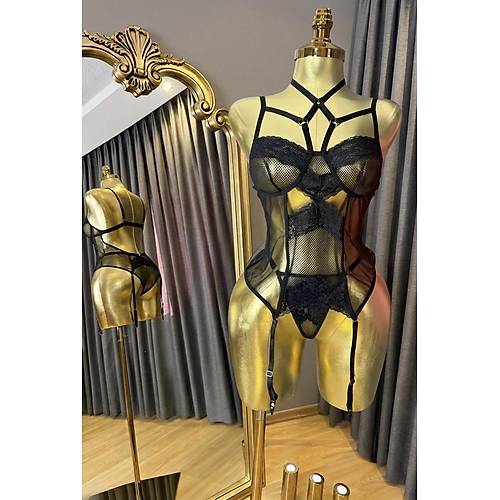 Siyah File Ve Dantel Detayl� Jartiyer Set