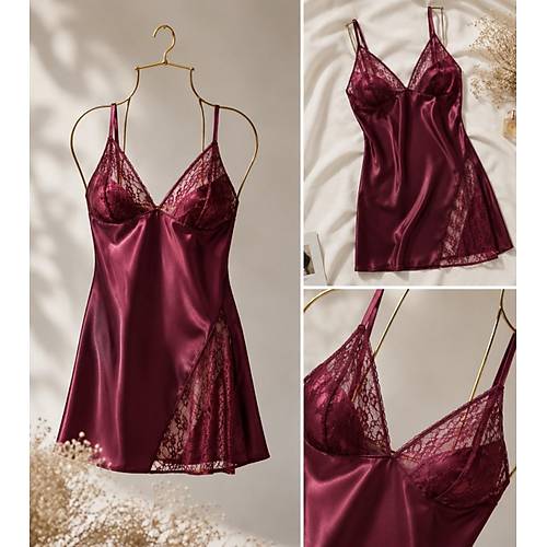 Bordo Dantel Detayl� Mini B�y�k Beden Gecelik