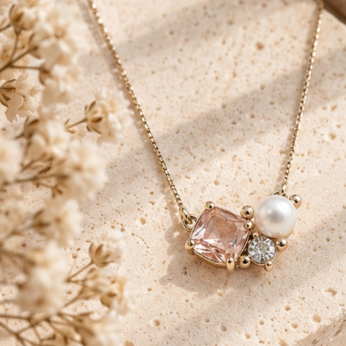 Pink Pearl and Diamond Necklace