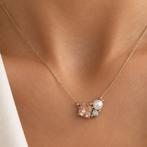 Pink Pearl and Diamond Necklace