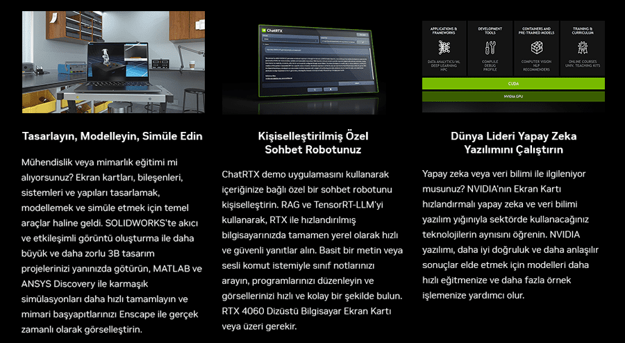 NVIDIA GeForce RTX40 Dizst Bilgisayarlarla Eitim zellikleri