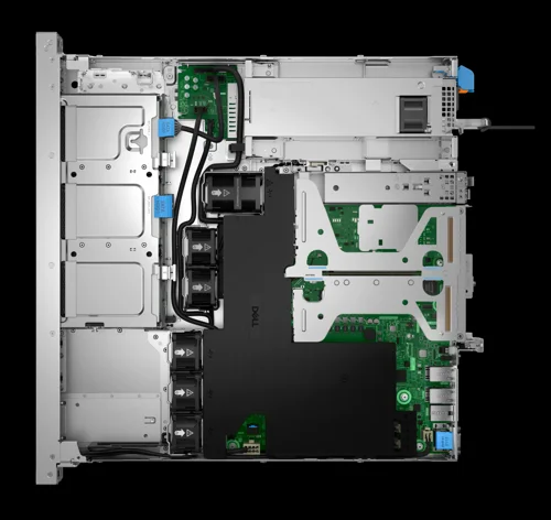 Dell PowerEdge R260 İç Görünüm Dell PowerEdge R260 1U rack sunucunun iç görünümü: işlemci soğutucusu, DDR5 DIMM yuvaları, fan dizisi, PCIe riser ve hot-plug güç kaynağı