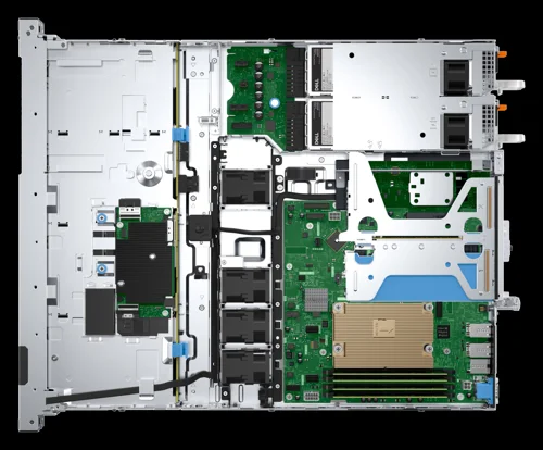 Dell PowerEdge R360 İç Görünüm Dell PowerEdge R360 1U rack sunucunun iç görünümü: işlemci soğutucusu, DDR5 DIMM yuvaları, fan dizisi, ön PERC denetleyicisi ve çift güç kaynağı yuvası