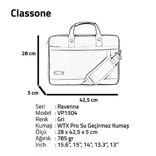 Classone Ravenna WTXpro Su Geçirmez 15.6 Laptop Çantası Gri VP1504