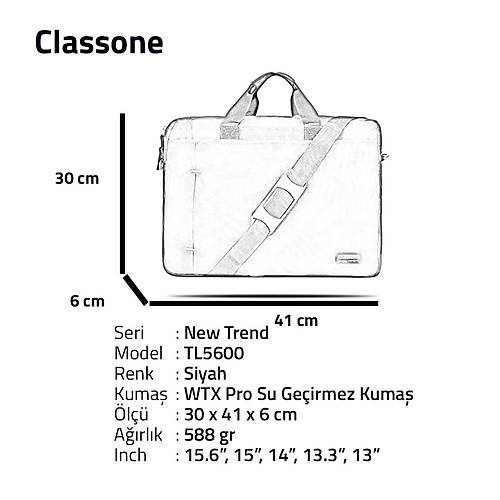 Classone Ultracase WTXpro Su Geçirmez 15.6 Notebook Çantası Siyah TL5600