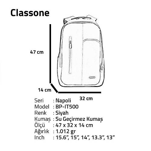 Classone Napoli WTXpro Su Geçirmez 15.6 Notebook Sırt Çantası Siyah BP-IT500