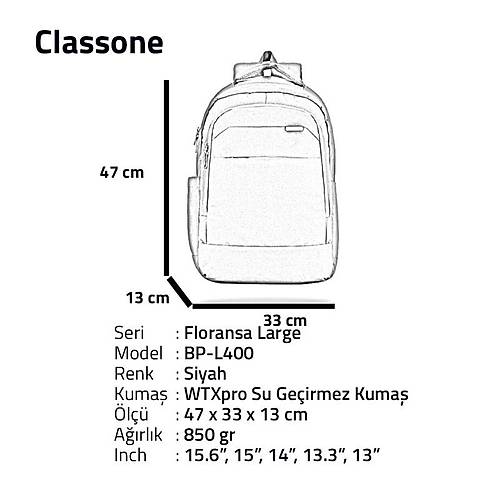 Classone Floransa Large WTXpro Su Geçirmez 15.6 Notebook Sırt Çantası Siyah BP-L400