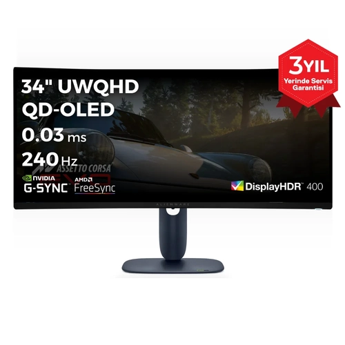 Dell Alienware AW3425DW 34 3440x1440 UWQHD 240Hz 0.03 ms HDMI DP Type-C HDR True Black 400 Adaptive Sync QD-OLED Curved Gaming Monit�r