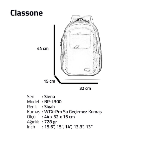 Classone Siena WTXpro Su Ge�irmez 15.6 S�rt �antas� Siyah BP-L300