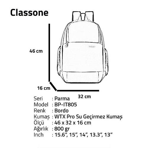 Classone Parma WTXpro Su Geçirmez 15.6 Notebook Sırt Çantası Bordo BP-IT805