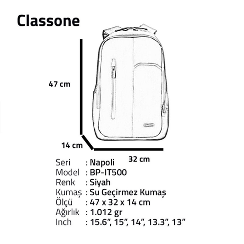 Classone Napoli WTXpro Su Ge�irmez 15.6 Notebook S�rt �antas� Siyah BP-IT500
