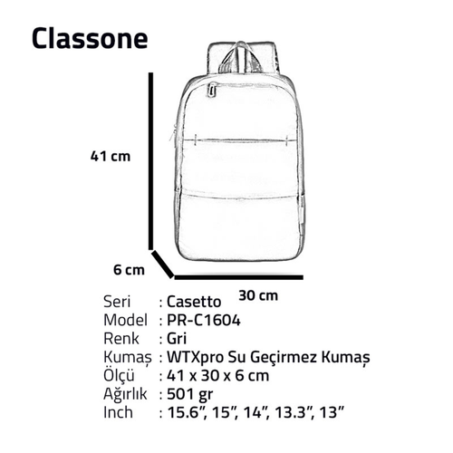 Classone Casetto WTXpro Su Ge�irmez 15.6 Notebook S�rt �antas� Gri PR-C1604