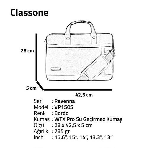 Classone Ravenna WTXpro Su Geçirmez 15.6 Laptop Çantası Bordo VP1505