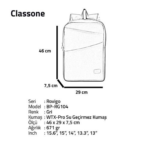 Classone Rovigo WTXpro Su Geirmez 15.6 Srt antas Gri BP-RG104