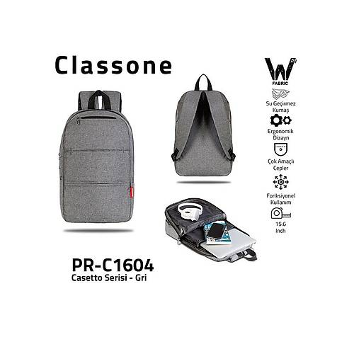 Classone Casetto WTXpro Su Geçirmez 15.6 Notebook Sırt Çantası Gri PR-C1604