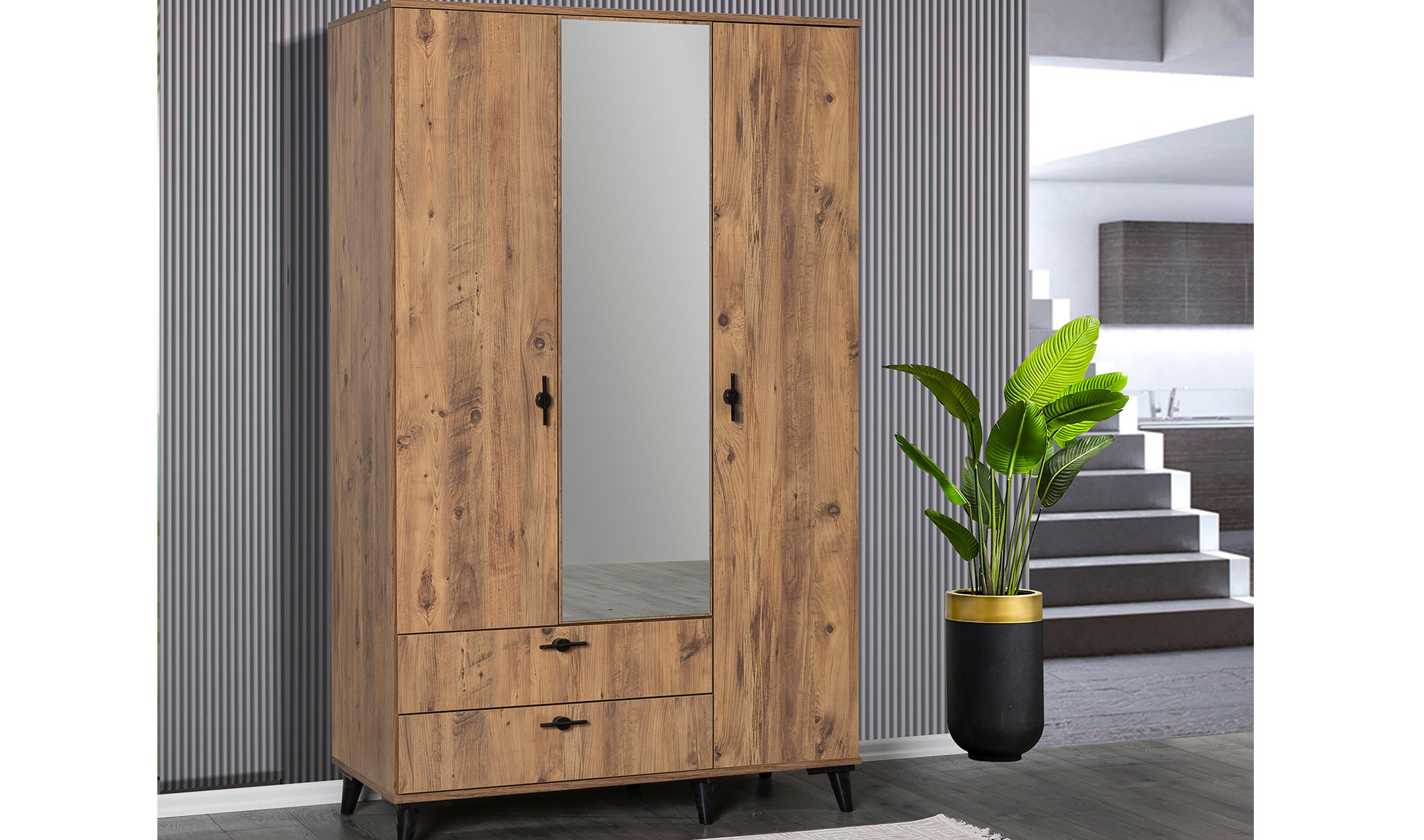 Kule 3 Kapılı Gardrop - Ceviz