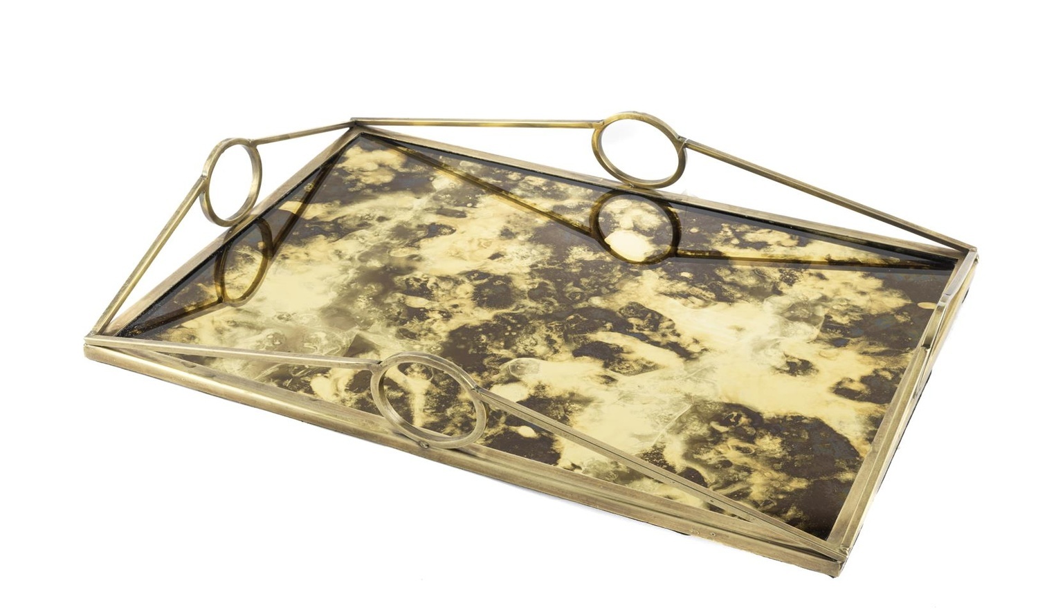 Antik Gold Dik Camlı Metal Tepsi 43x29x8 cm