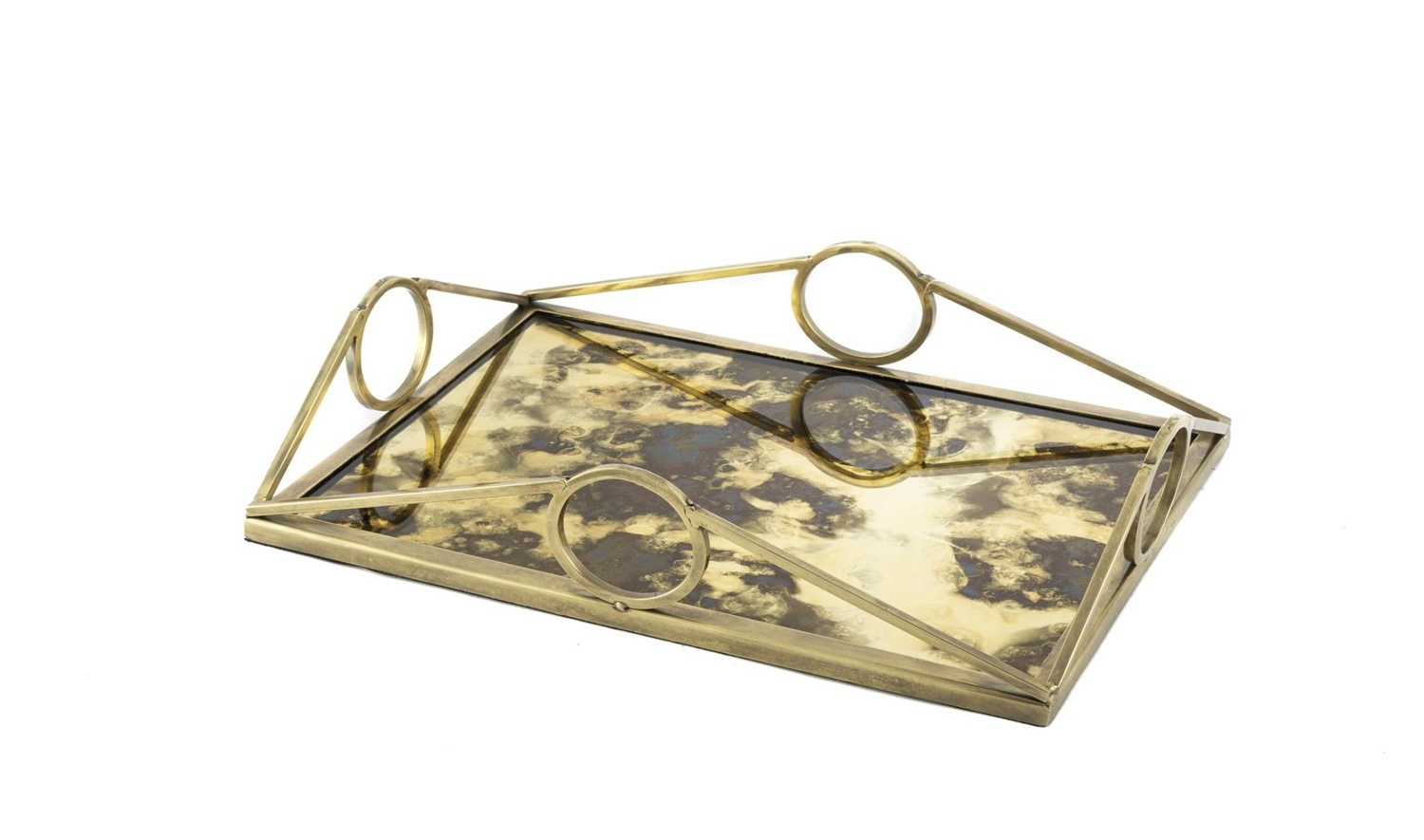 Antik Gold Dik Camlı Metal Tepsi 33x23x8 cm