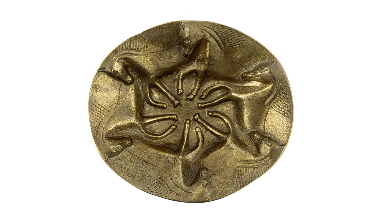 Antik Gold Horse Metal Yuvarlak Duvar Dekoru 37x10 cm