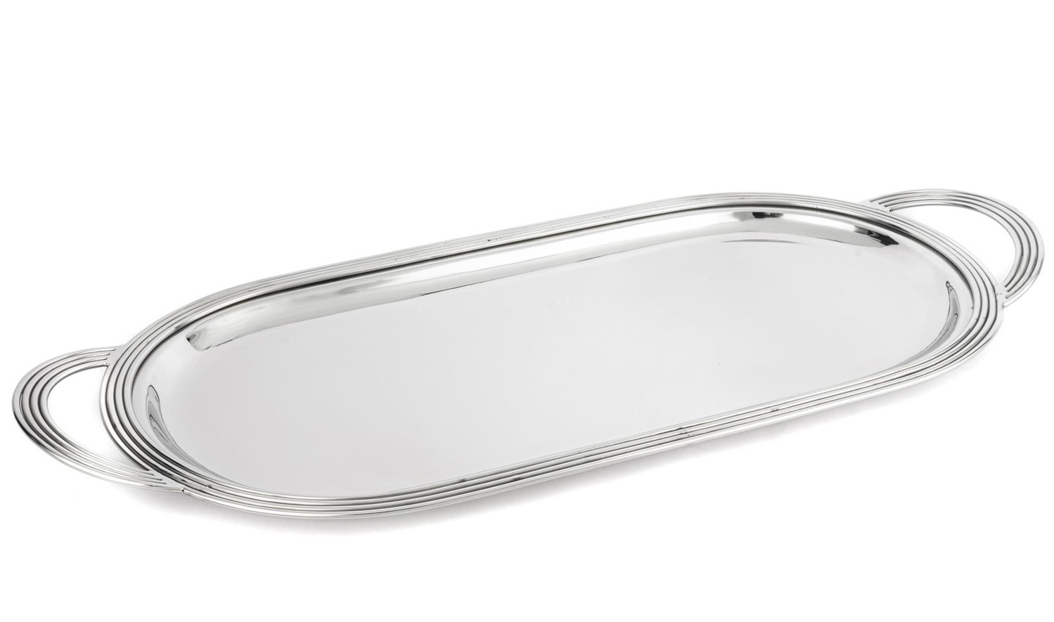 Gümüş Oval Kulplu Metal Tepsi 58x26 cm