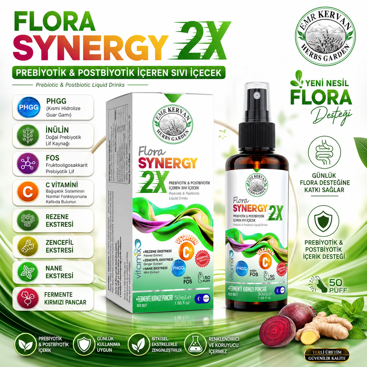 Emr Kervan Herbs Garden Flora Synergy 2X Prebiyotik & Postbiyotik İçeren Sıvı İçecek 50 mL