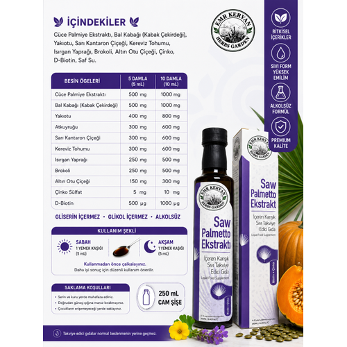 EMR KERVAN HERBS GARDEN SAW PALMETTO EKSRAKTI ��EREN SIVI TAKV�YE ED�C� GIDA 250 ML (PROSTAT)