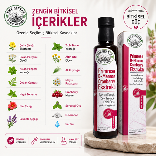 Emr Kervan Herbs Garden Primrose & D Mannoz ve Cranberry Ekstrakt� ��eren Kar���k S�v� Takviye Edici G�da 250ml