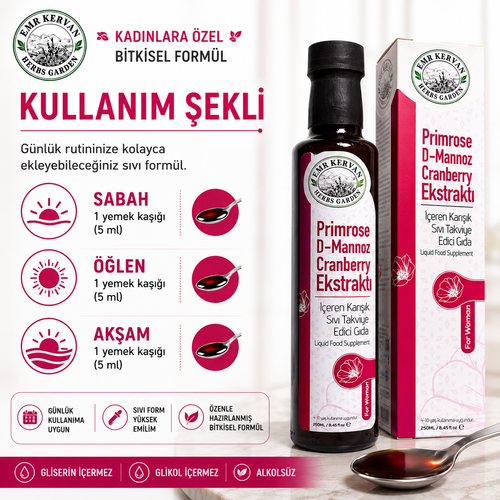Emr Kervan Herbs Garden Primrose & D Mannoz ve Cranberry Ekstrakt� ��eren Kar���k S�v� Takviye Edici G�da 250ml