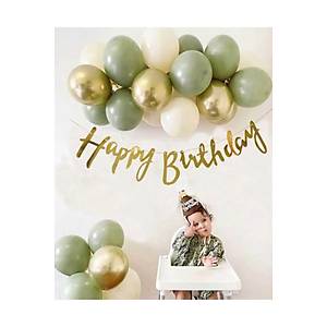 7 K�f Ye�ili 3 Krom Gold 3 Kum Rengi Pastel Balon Gold Happy Birthday Banner Mini balon zinciri seti